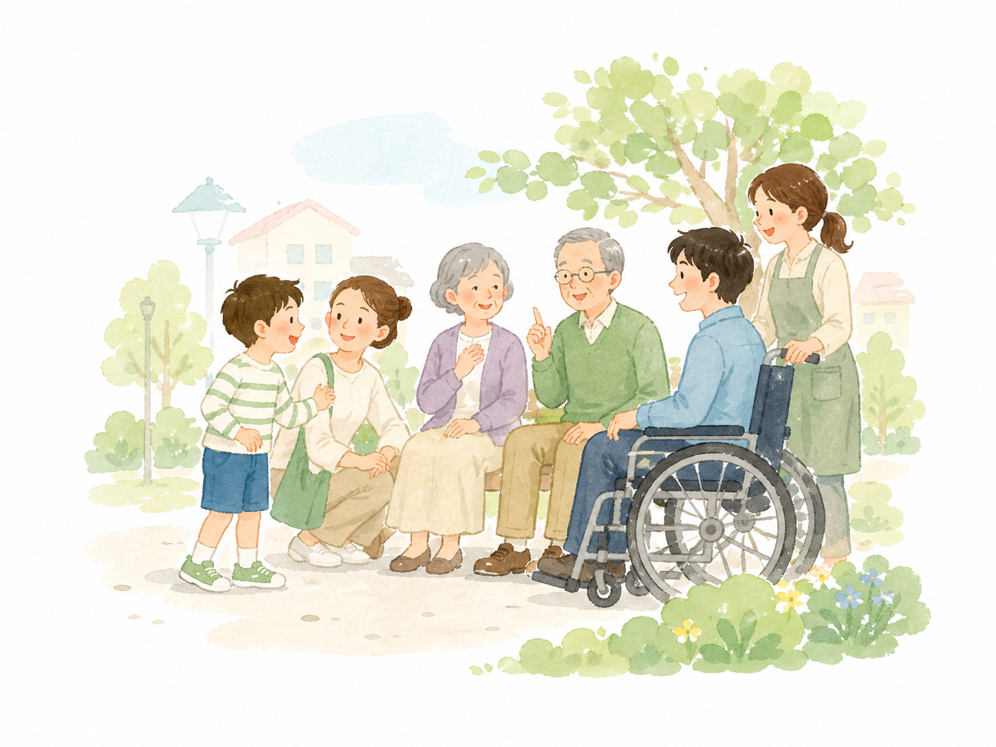 地域の子ども、高齢者、車いすを利用する人、支援者が公園でやさしく交流しているイラスト